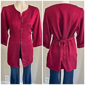 Vintage 90s Red Mandarin Button Tunic Top Tie Back Boho Minimalist